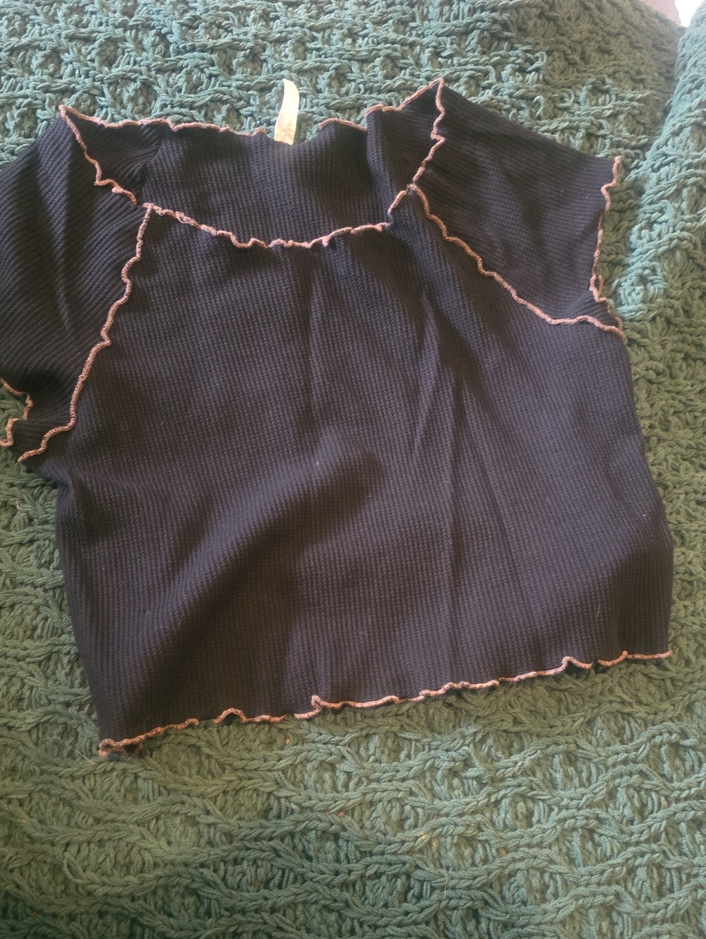 Free People Black Ribbed Crop Top with Tan Lettuce Trim